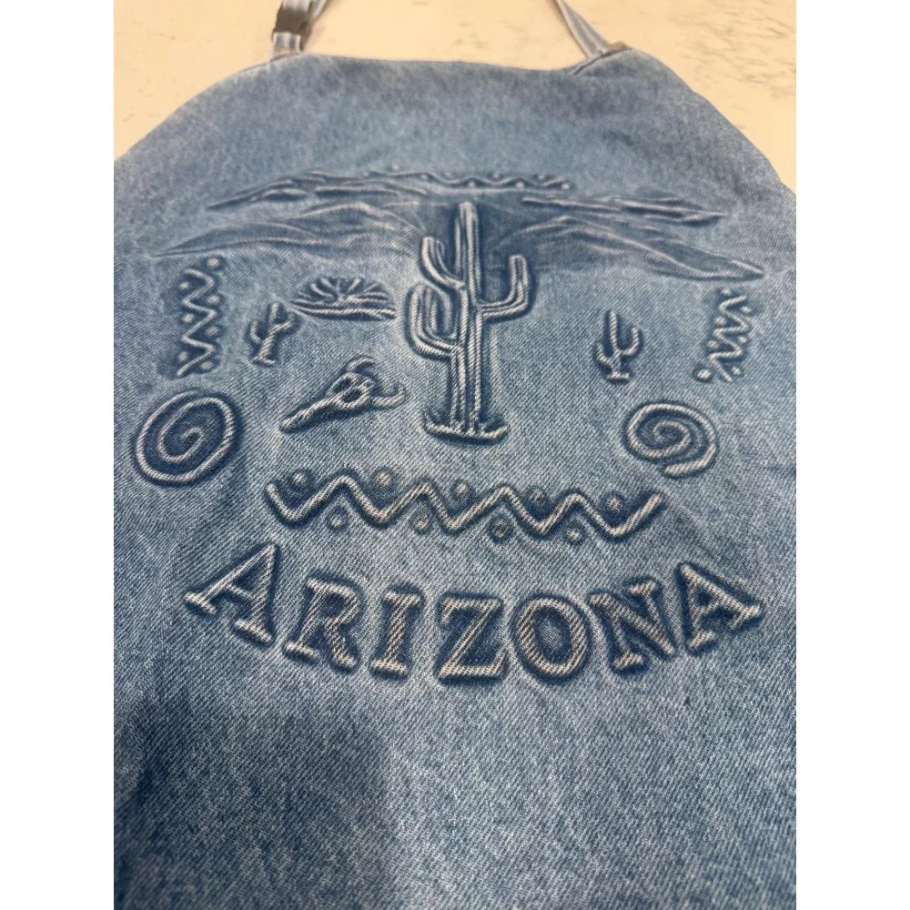 Vintage Arizona Desert Embossed Blue Denim Apron Made in USA Southwestern Cactus